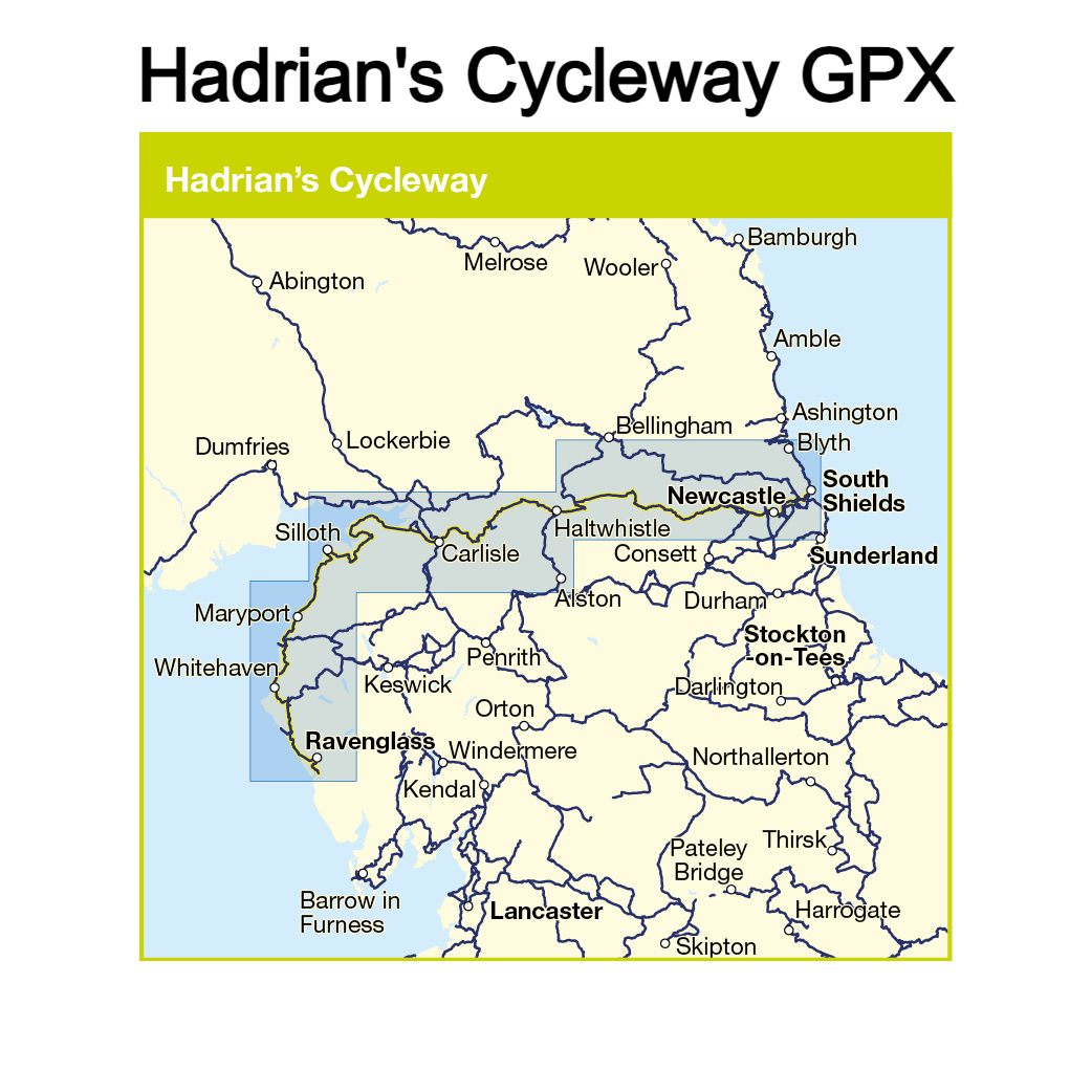 Hadrian's Cycleway GPX - map highlights route coverage from Ravenglass to South Shields 