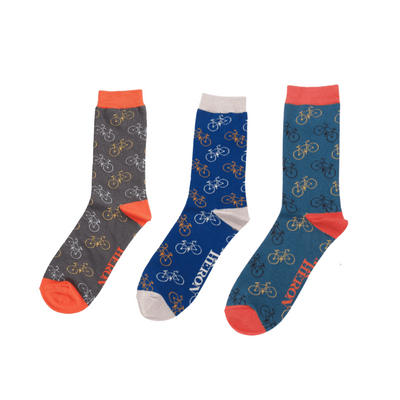 Little Bike Socks by Mr Heron. In charcoal, navy and denim with repeating little bike pattern