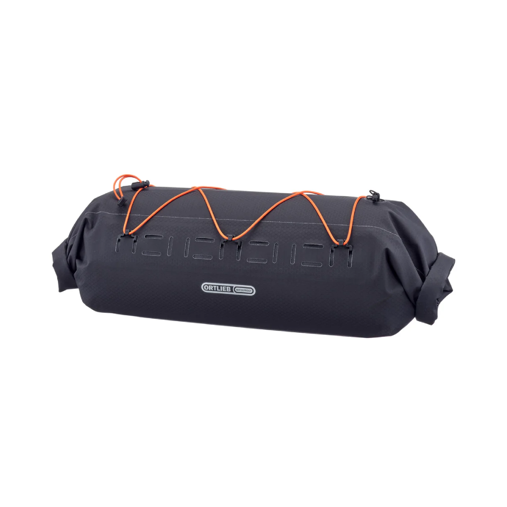 Black roll-up bag dry bag with orange straps.