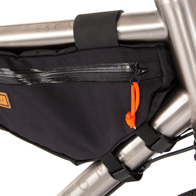 Small frame bag - fitting to bike with rubberised straps and waterproof zip function visible 