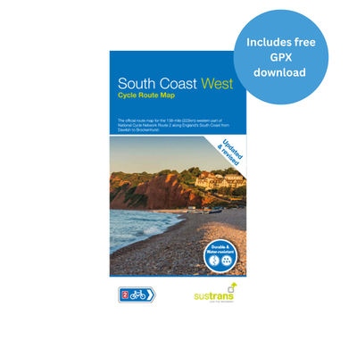 South Coast West Cycle Route Map with beach and coastal scene on cover. Map purchase includes GPX route download. 