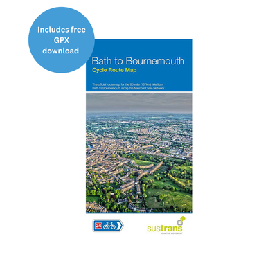 Cycle route map from Bath to Bournemouth with Sustrans logo on a white background. Map now includes free GPX download