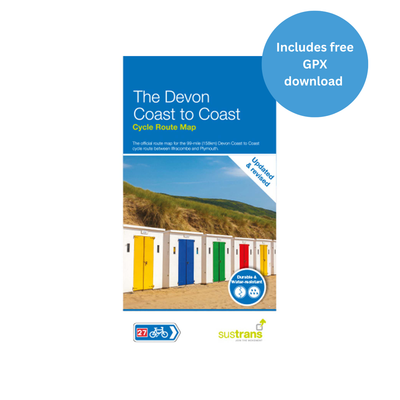 Map cover of 'The Devon Coast to Coast Cycle Route Map' with colourful beach huts. Map purchase includes free GPX download. 