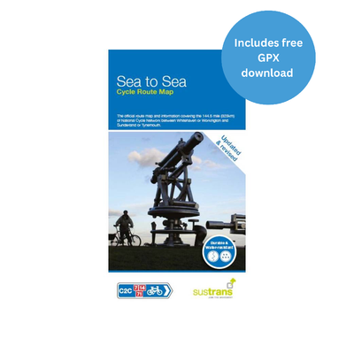 Sea to Sea Cycle Route Map. Cover shows a cyclist and telescope statue.
Purchase of map comes with GPX file.