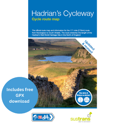 Hadrian's Cycleway cycle route map with scenic landscape and Sustrans logo. Purchase now includes free GPX file