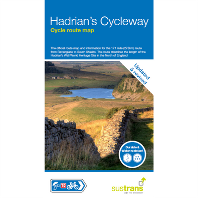 Hadrian's Cycleway cycle route map with scenic view and Sustrans logo