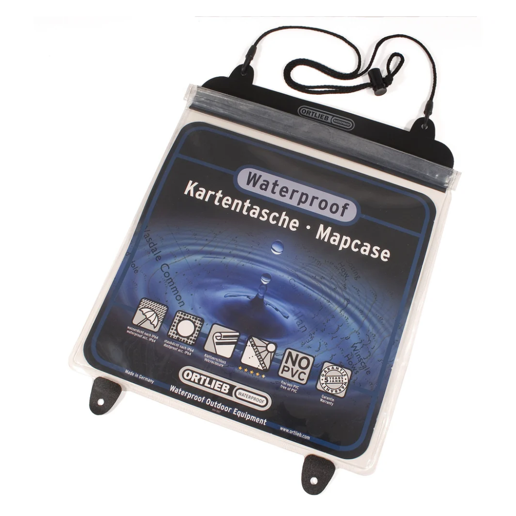 Waterproof, transparent map holder with black strap.