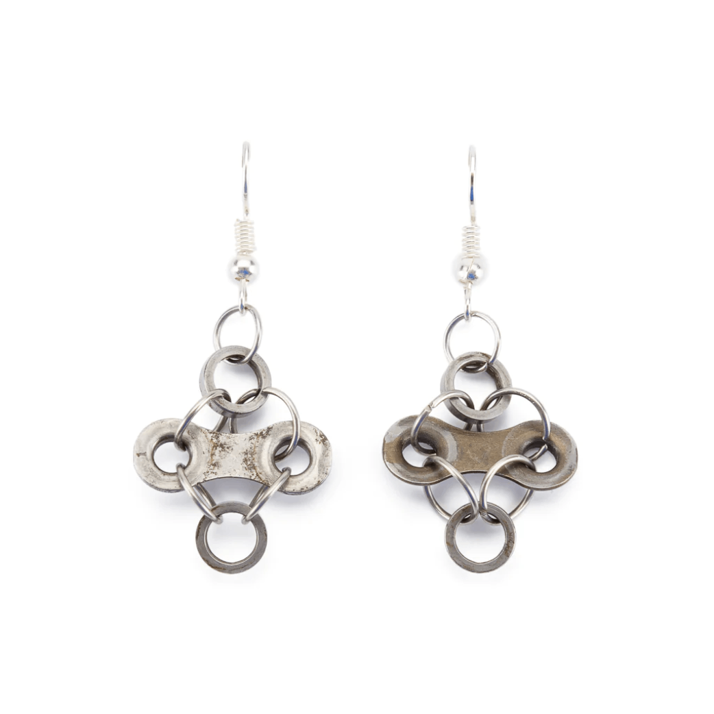 Diamond shaped earrings made from upcycled bike chains