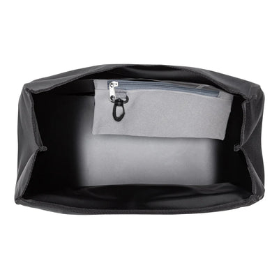 Showing interior of Trunk-Bag by Ortlieb. Inside is a grey interior pocket with a carabiner style clip.
