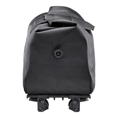 Black trunk-bag with pannier rack attachment clips. 