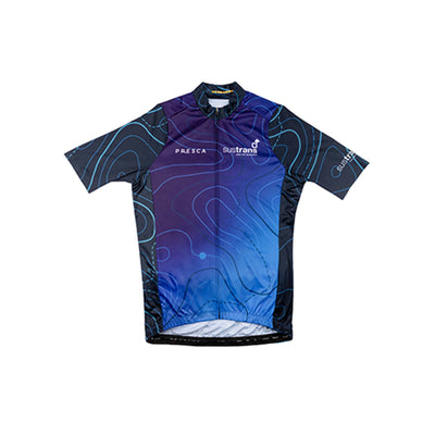 Sustrans men's cycling jersey made by Presca. Blue cycling jersey with contour themed pattern.