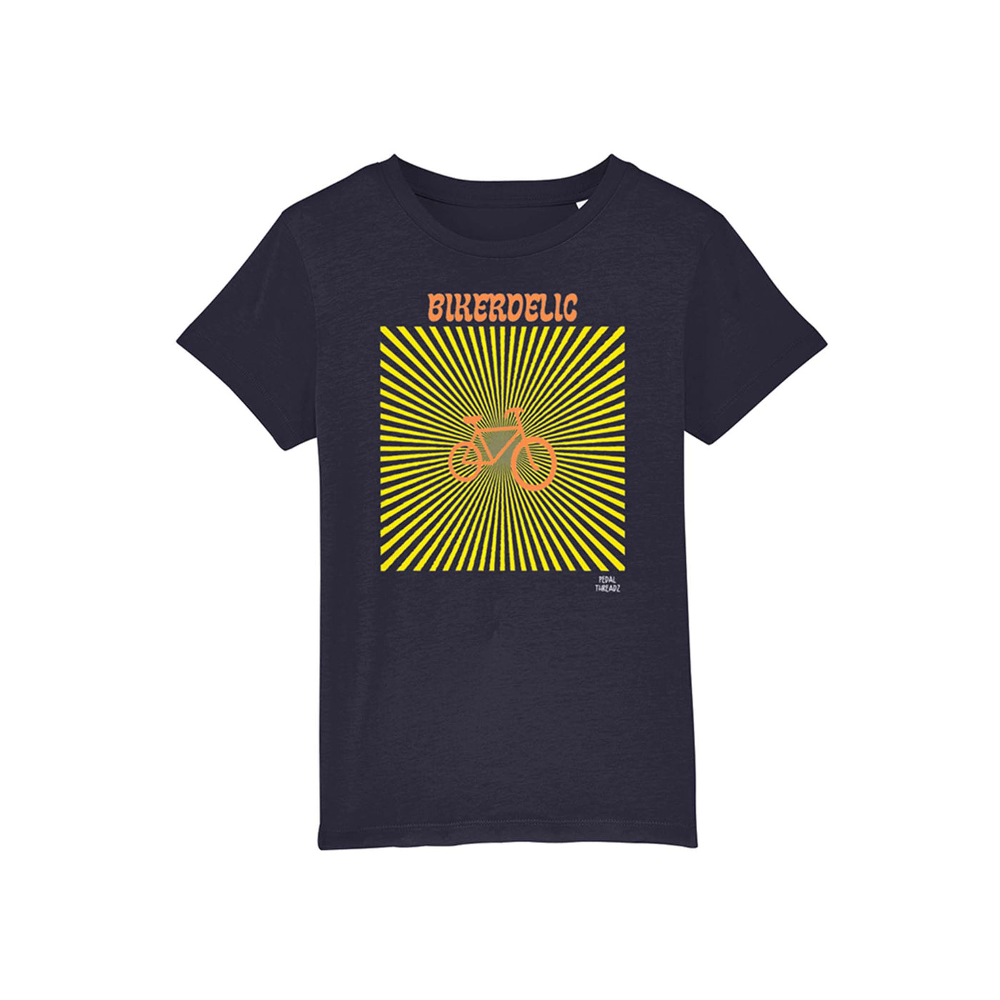 Children's navy t-shirt featuring bikerdelic pattern.