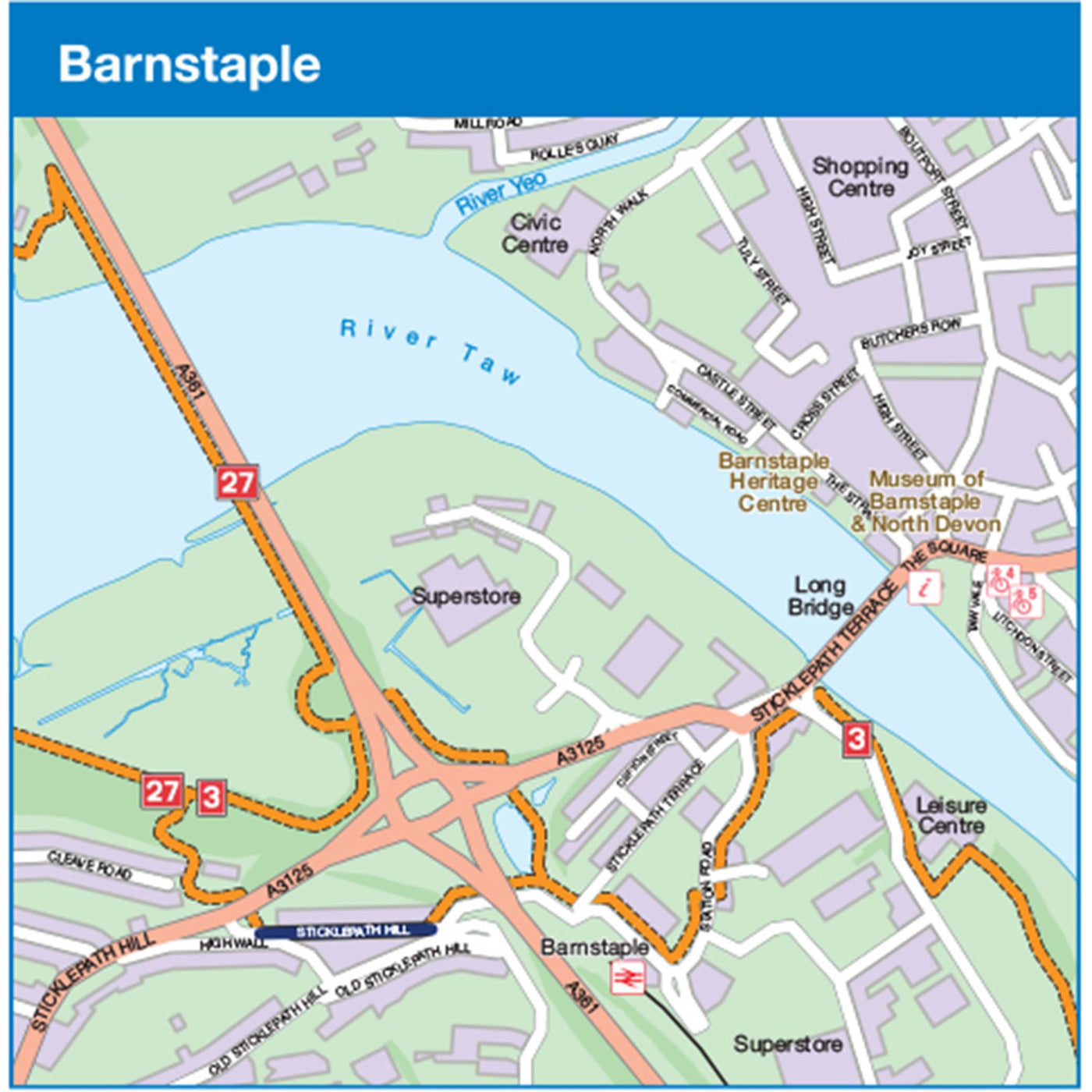 Devon coast to coast cycle route map - town centre sample, Barnstaple 
