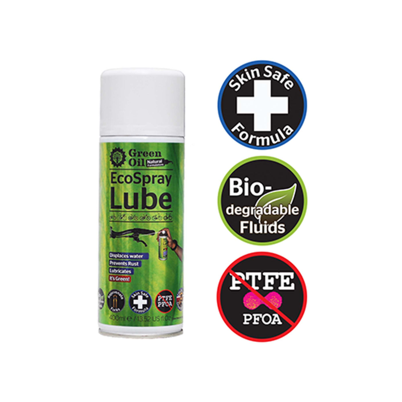 400ml EcoSpray lube can, produced by Green Oil. Vegan friendly, skin safe fluid which is bio-degradable.
