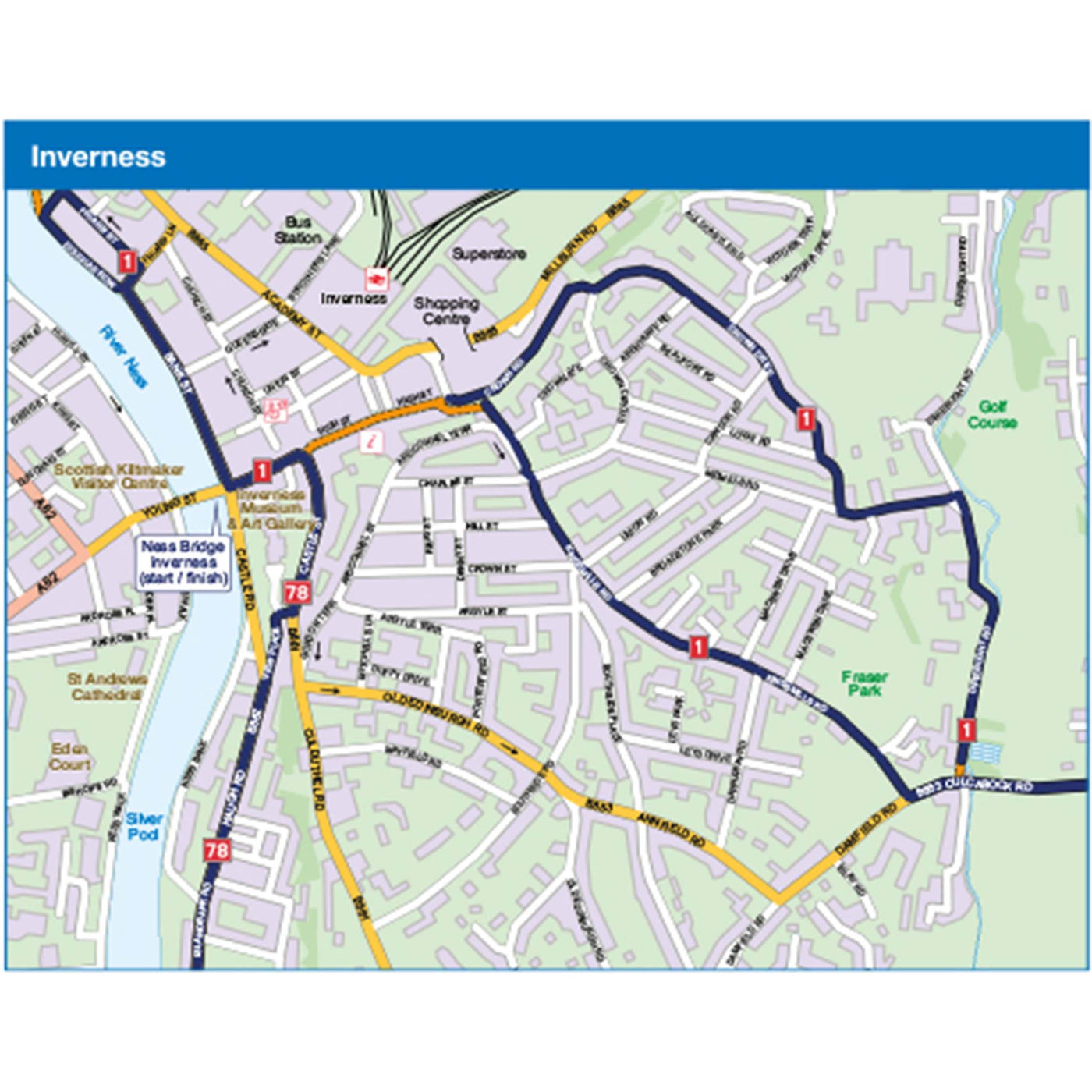 Loch and Glens North cycle route map - town centre sample, Inverness