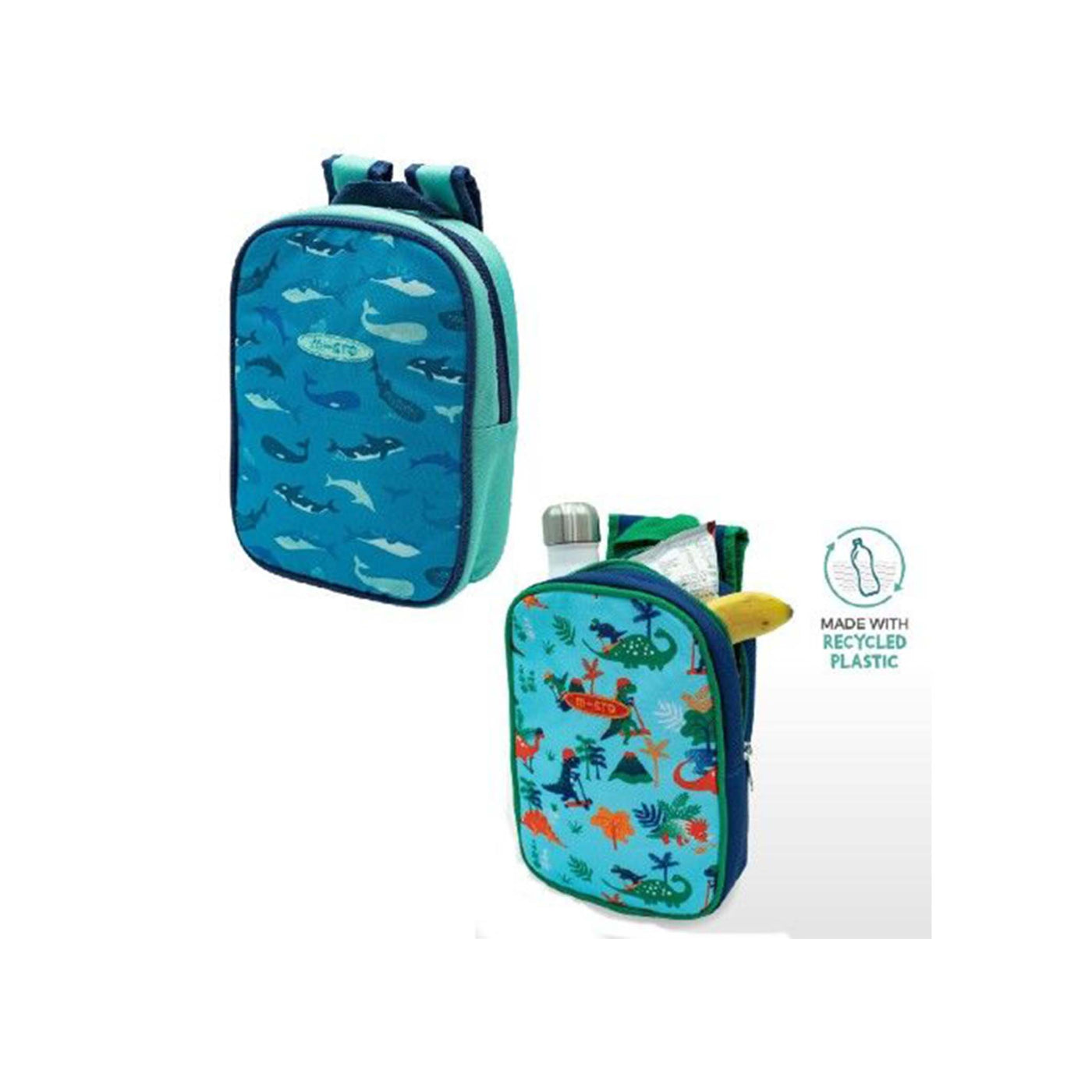 Microscooter lunch bags made from recycled plastic. Left bag: Sealife design. Right bag: Dinosaur design. 