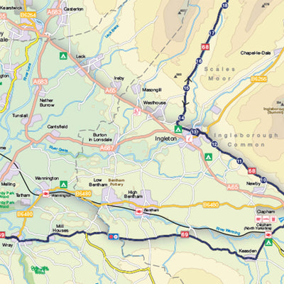 Pennine Cycleway North map sample. Map shows route 69 and 68 around Ingleton.