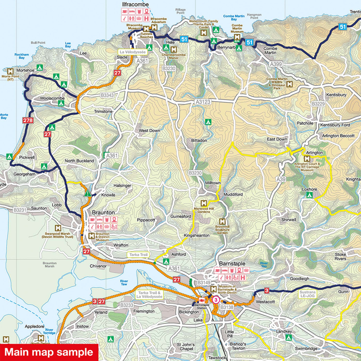 South Devon cycle map. Main map sample: Ilfracombe and Barnstaple