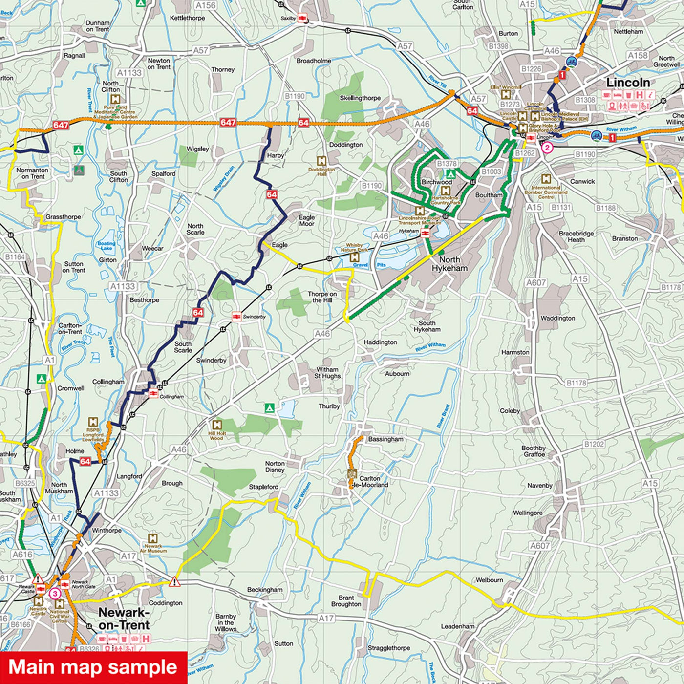 Main map sample for the Lincolnshire and the Wolds cycle map