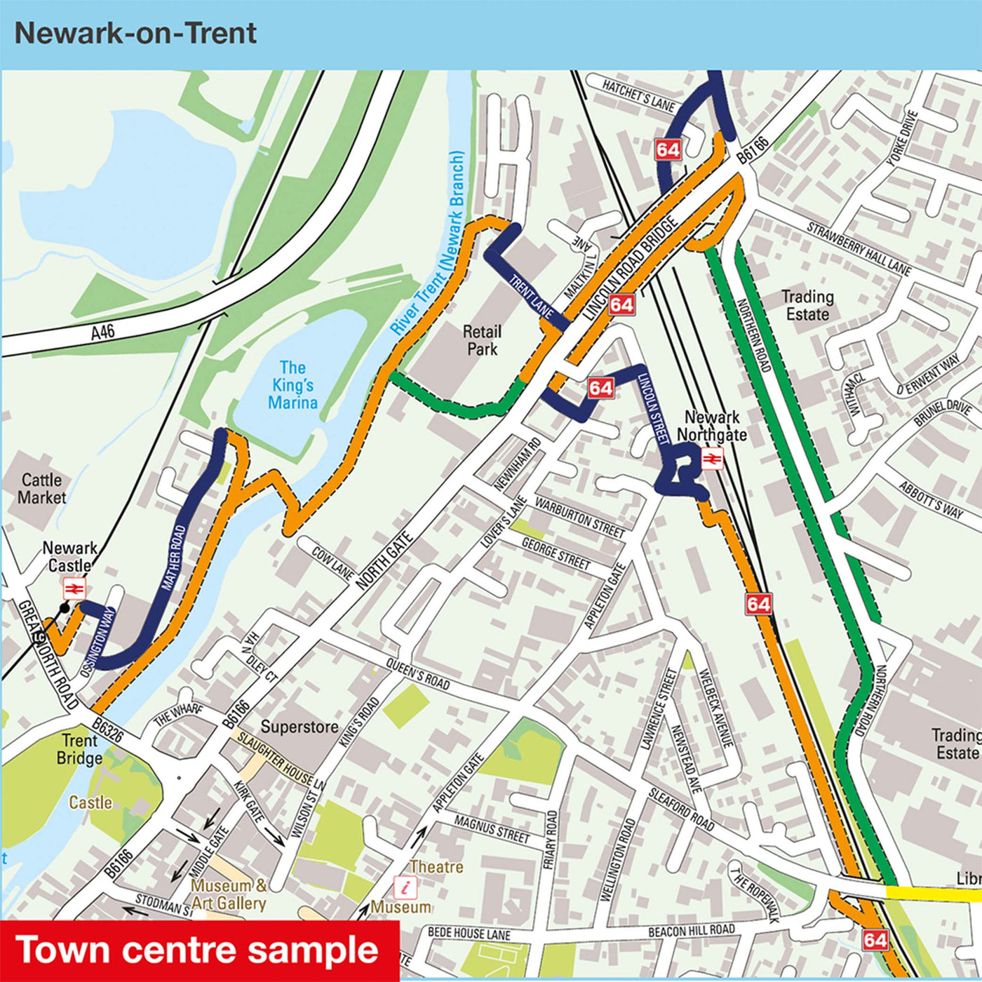 Town centre sample: Newark-on-Trent, featuring route 64