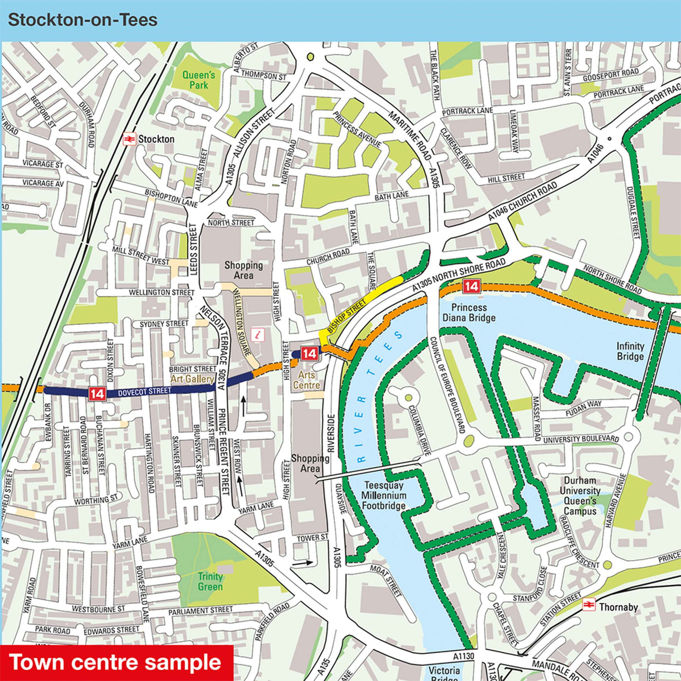 Town centre sample: Stockton-on-Tees, featuring route 14
