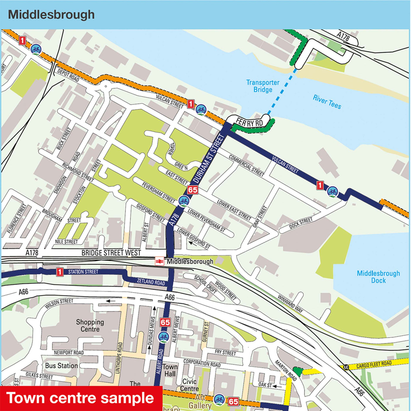 Town centre sample: Middlesbrough, featuring routes 1 and 65