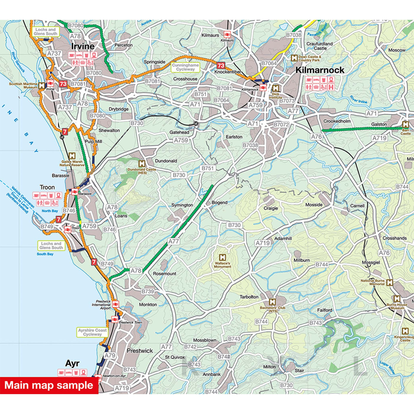 Main map sample for the Ayrshire, Lanark and the Isle of Arran cycle map