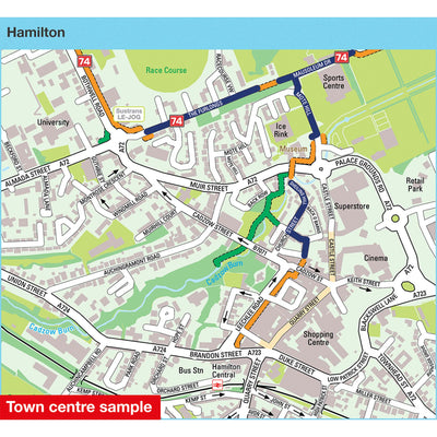 Town centre sample: Hamilton, featuring route 74