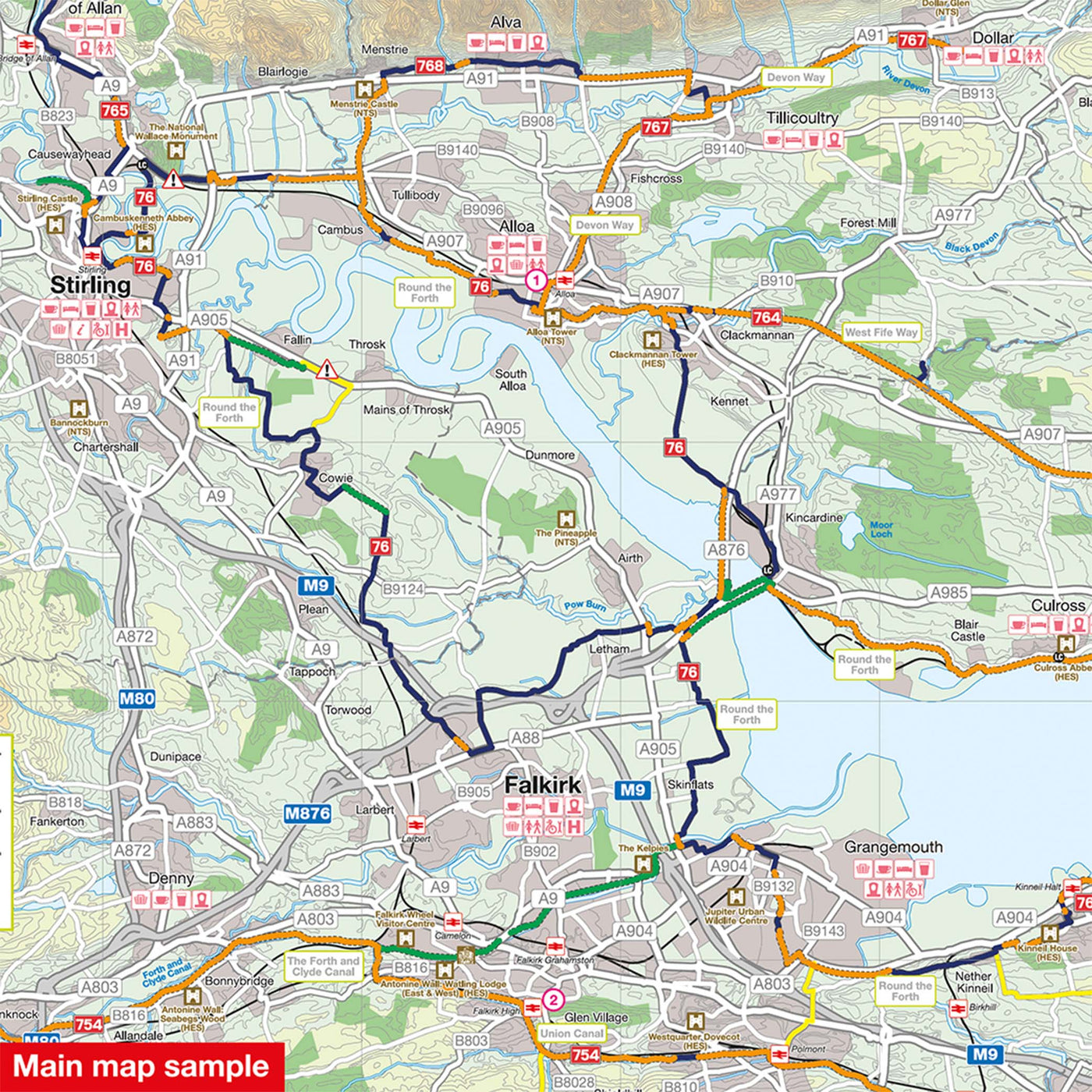 Main map sample of the Edinburgh, Stirling and the Forth cycle map