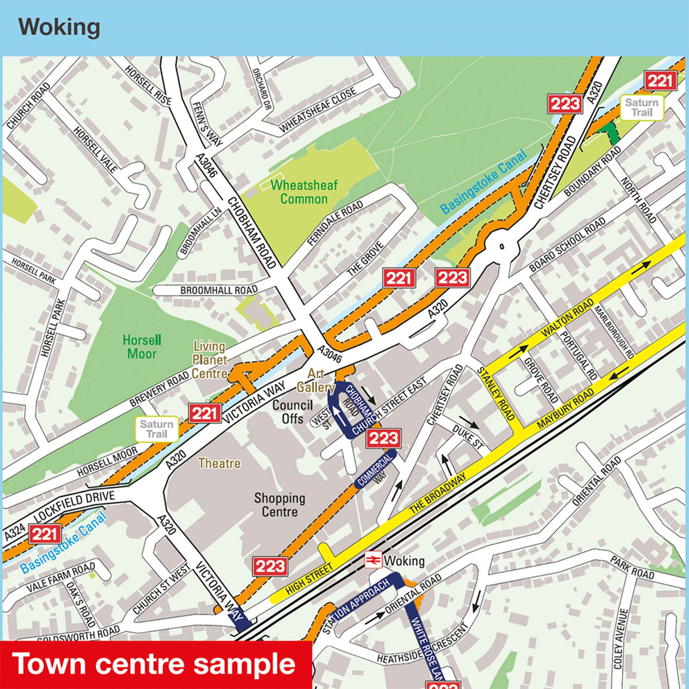 Town centre sample: Woking, featuring routes 221 and 223