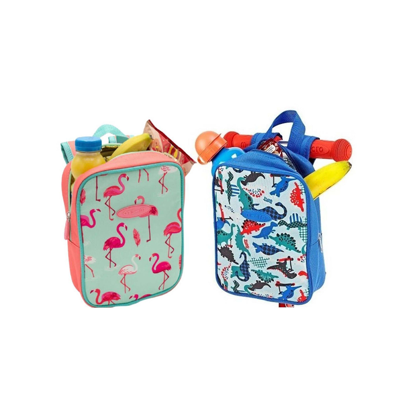 Microscooter lunch bags: Left bag is flamingo print. Right bag has dinosaur print. 