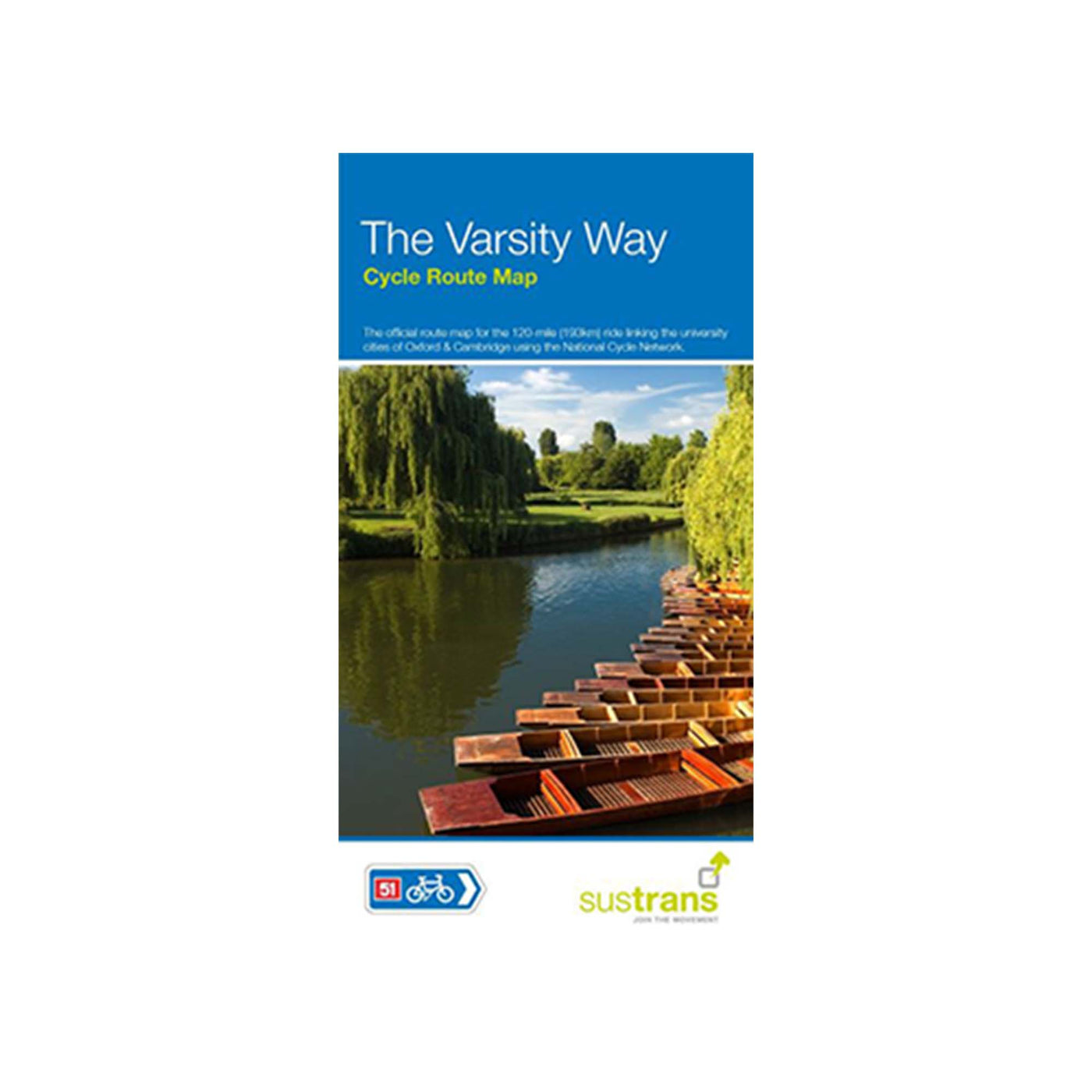 Cover for the Varsity Way cycle route map. The official route map for the 120-mile (193km) ride linking the university cities of Oxford and Cambridge using the National Cycle Network