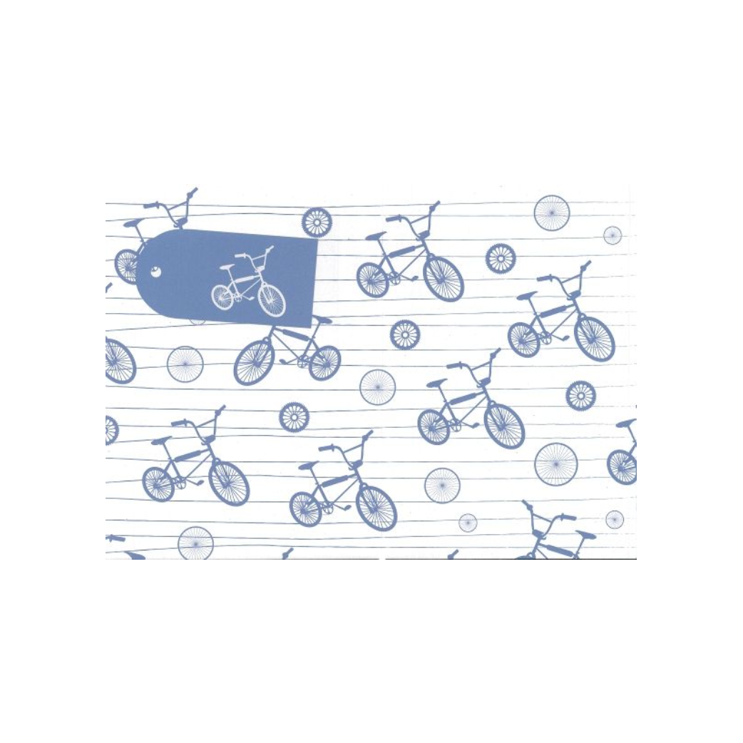 Blue printed BMX bike wrapping paper and blue tag