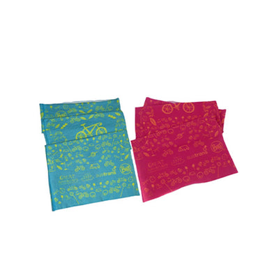 Buff with adventures themed pattern. Left buff in turquoise. Right buff in red.
