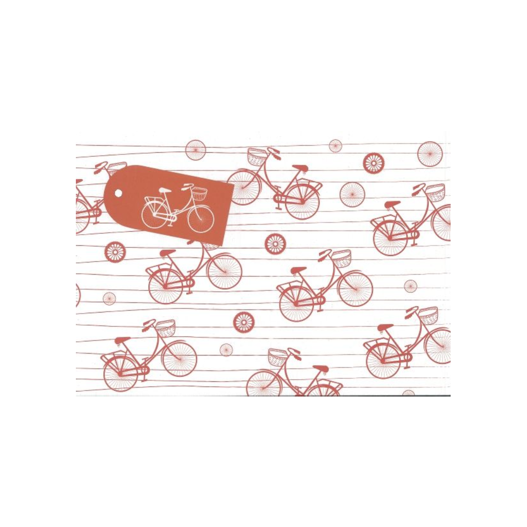 Orange wrapping paper with bike print and tag