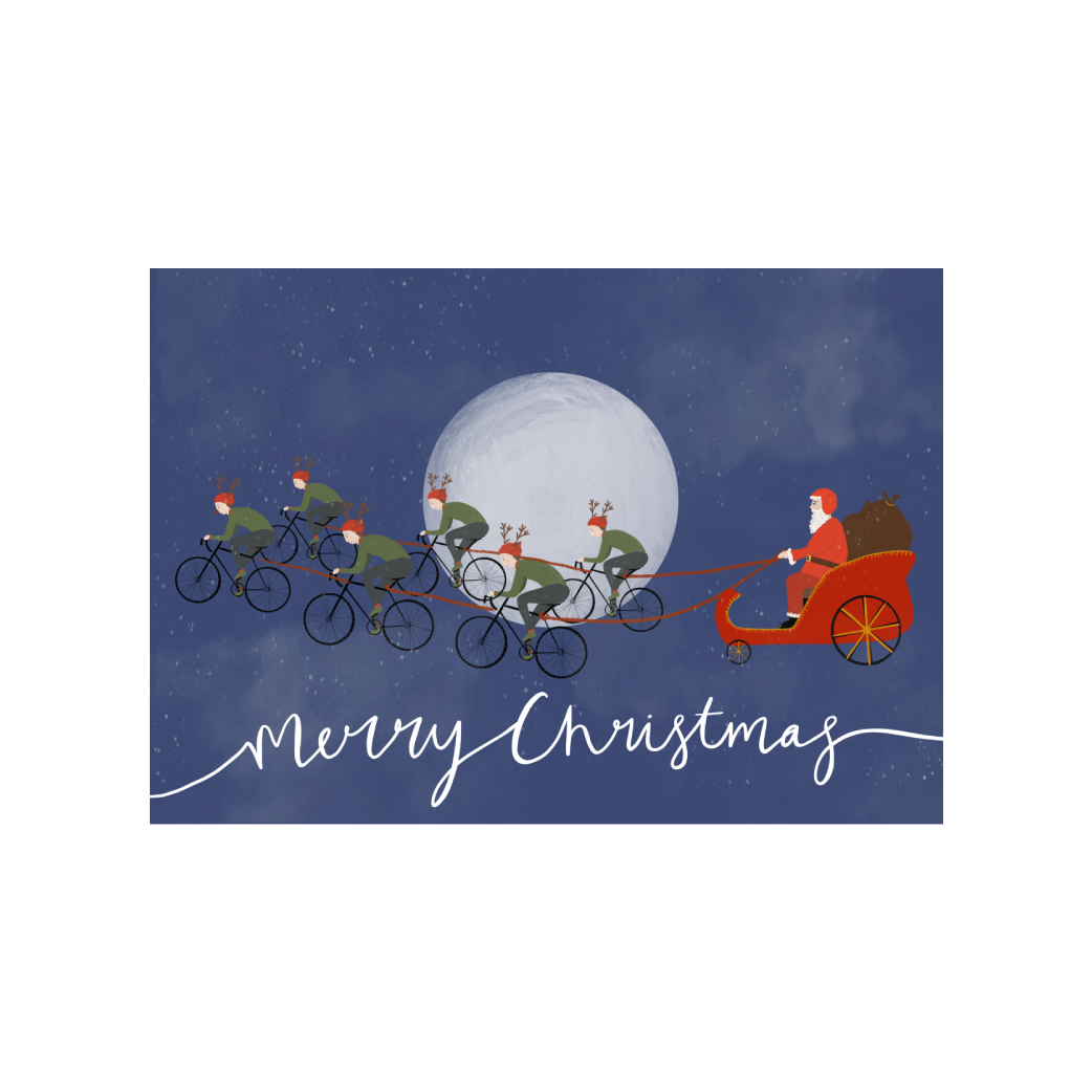 Christmas card (5 pack). Pictured: Elves pulling Santa's sleigh 